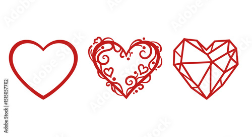 Three stylized red hearts: simple outline, floral swirls, and geometric facets