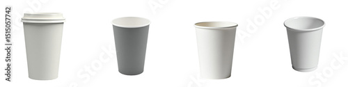 Collection of Four Different White Disposable Paper Cups Featuring Variations in Design and Form on a transparent Background