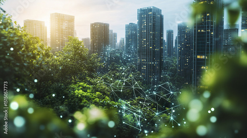 Fototapeta Naklejka Na Ścianę i Meble -  Futuristic cityscape with high rise buildings surrounded by lush greenery and digital