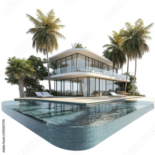 Modern luxury villa with infinity pool surrounded by palm trees on a sunny day