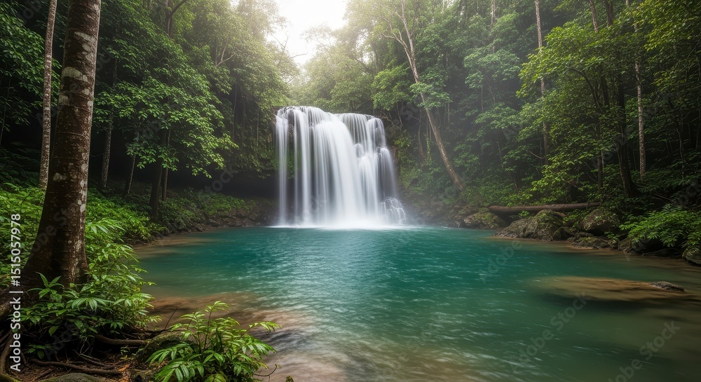 Obraz premium Serene waterfall cascading into crystal clear pool surrounded by lush green forest