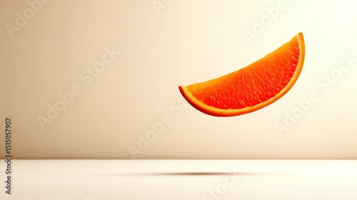 Isolated Orange Slice in Motion with Soft Shadow and Minimalist Background