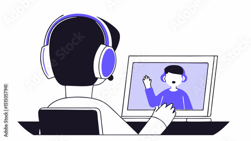 Person with headset in online video conference call