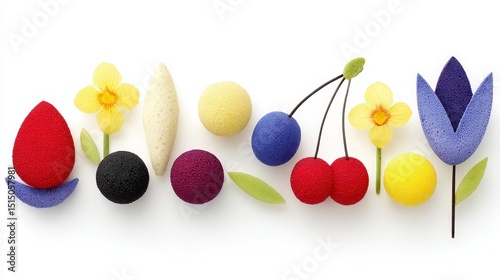 Colorful Collection of Decorative Foam Shapes Including Flowers, Fruits, and Leaves