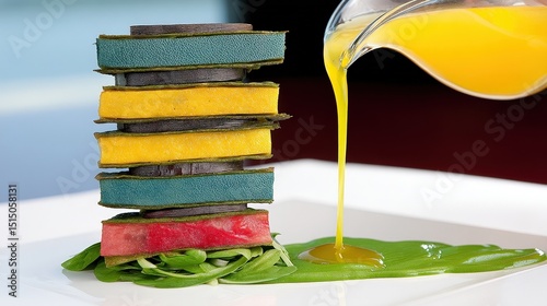 Vibrant Layered Vegetable Stack with Pouring Sauce on Elegant Plate for Culinary Presentation