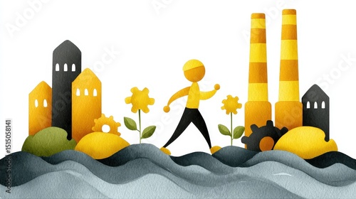 Person Walking Through Industrial Landscape with Factories, Flowers, and Stylized Buildings