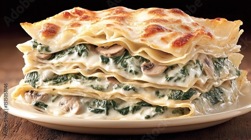 Delicious Layers of Spinach and Mushroom Lasagna with Creamy Cheese Sauce on Plate