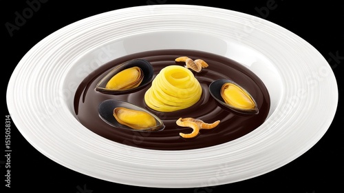 Creative Seafood Dish with Black Sauce, Pasta Nest, and Shellfish Presentation on White Plate