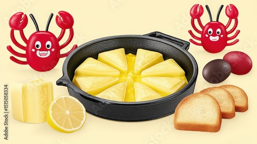 Playful food scene with colorful crab characters and dessert on a yellow background