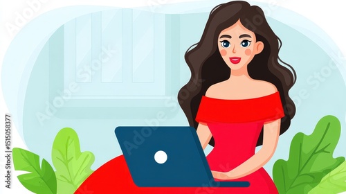 Young woman in red dress working on laptop with plants in a bright, modern workspace setting