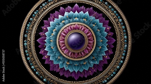 Intricate Mandala Design Featuring Vibrant Petals and a Central Gemstone on Dark Background