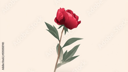 Stunning Single Red Peony Flower with Green Leaves Against a Soft Neutral Background