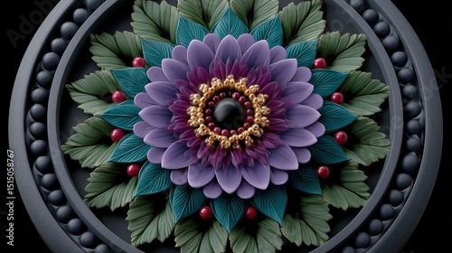 Elegant Floral Design with Detailed Petals and Leaves in Vibrant Colors on a Dark Background