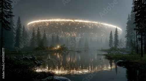 Enigmatic Structures at Dawn by Still Water in Misty Forest with Glimmering Lights Above