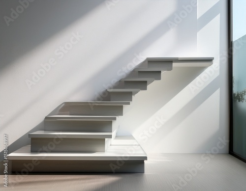 minimalist stairs against white wall with soft shadow effect