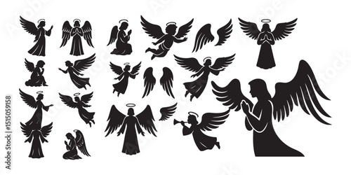 angel with wings vector silhouettes set black color isolated on white background