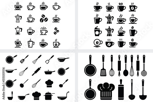 Black and white food and kitchen icons vector set for web design and illustration