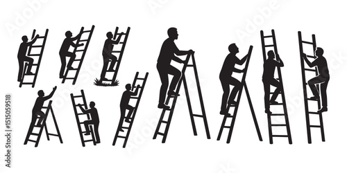 Person climbing ladder vector silhouettes set black color isolated on white background