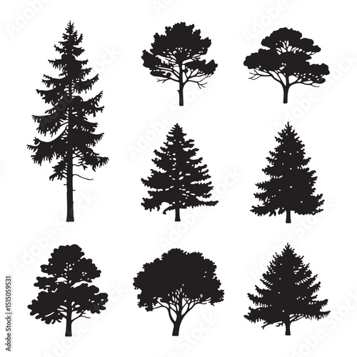 set of silhouettes of trees