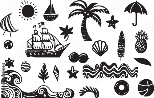 Abstract modern vector sea ocean vacation elements in simple wavy and groovy naive style. Design vintage trendy templates vector
