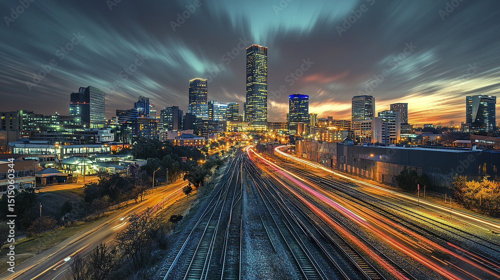 Fototapeta premium vibrant Johannesburg cityscape at dusk, showcasing urban lights and train tracks