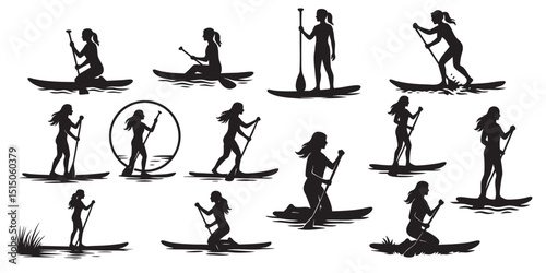 woman on boat vector silhouettes set black color isolated on white background