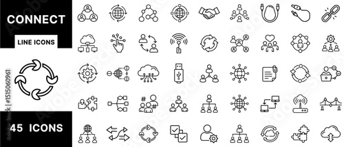 Connect Line Icons Set Featuring Network Links, Communication, Collaboration, Cloud Sync, USB Cables, Data Sharing, Social Nodes, and Connectivity Arrows