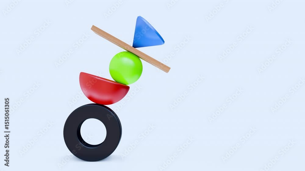 Abstract geometric composition with balanced motion simple color forms on white background. Modern bright concept art for business, psychology. Realistic seamless vivid 3d animation.