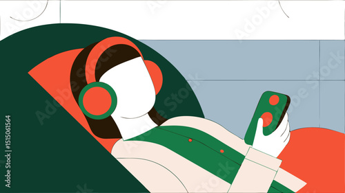 Woman relaxing with headphones and smartphone on public transport