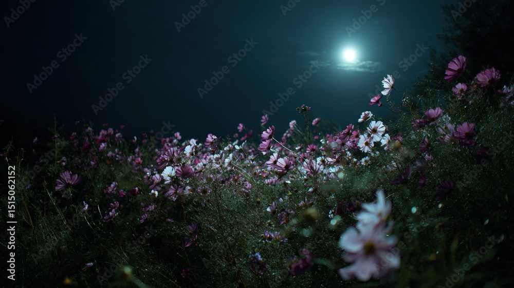 Obraz premium Blooming Wildflower Meadow Under Full Moonlight at Night with Soft Romantic and Dreamy Natural Atmosphere