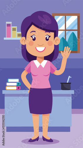 Cheerful cartoon teacher in school classroom welcoming with a friendly gesture