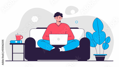 Young man working remotely from home on laptop