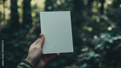 Hand holding blank white paper in forest.