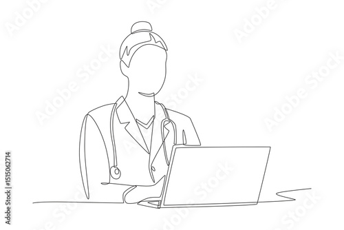 Doctor is having an online call with a patient. Medical technology concept one-line drawing