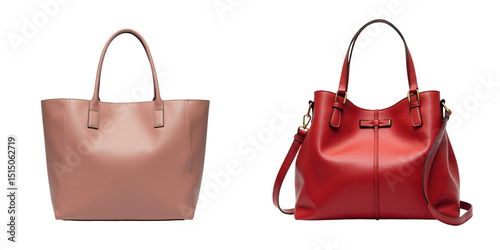 Stylish Collection of Two Handbags Featuring a Smooth Pink Tote on the Left and a Textured Red Shoulder Bag on the Right Against a transparent Background