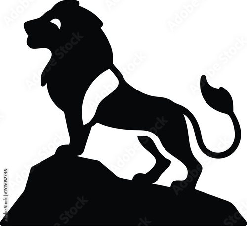 Lion Silhouette on Rock: Majestic lion silhouette standing proudly on a rock, symbolizing strength, power, and leadership.  