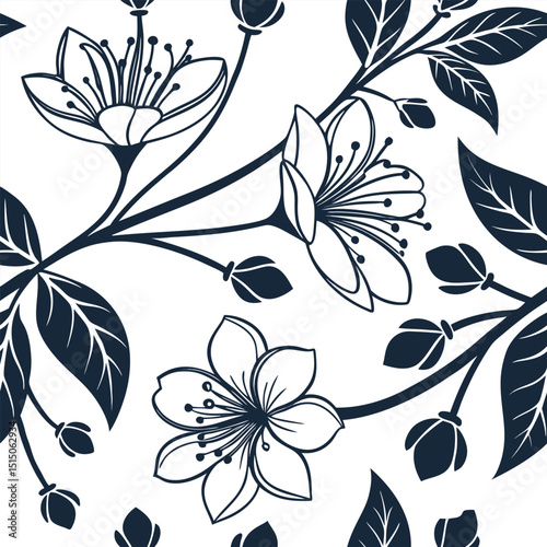 Floral Embrace: A beautifully illustrated floral design with a monochrome style and intricate detailing, showcases the delicate beauty of blooming flowers and the elegance of nature.