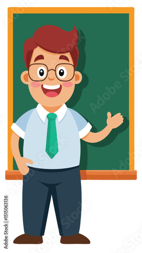 Cheerful cartoon teacher standing in front of chalkboard giving a lesson and smiling