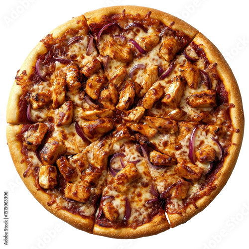 Delicious barbecue chicken pizza topped with onions and cheese ready to serve at an evening gathering