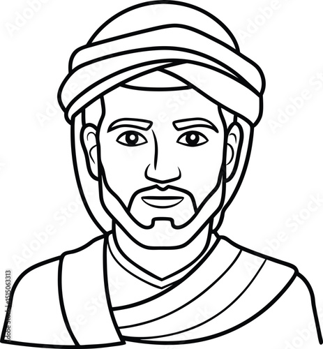 Arab Man Portrait: A line art portrait of an Arab man with a traditional headdress and attire, exuding calmness and wisdom.