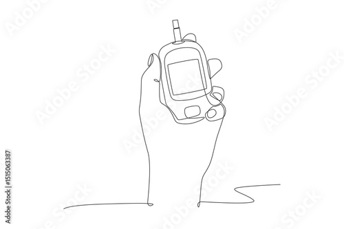 Hand holding glucometer. Medical technology concept one-line drawing