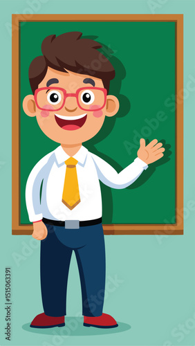 Cheerful cartoon teacher standing in front of a blackboard pointing and presenting
