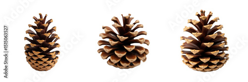 Realistic collection of three pine cones displayed from different angles against a transparent background, showcasing their natural texture and intricate details in warm brown tones.