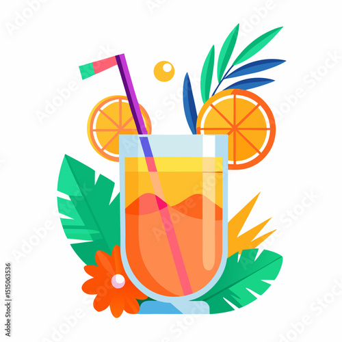 Tropical cocktail with rum straw and garnish vector illustration with white background