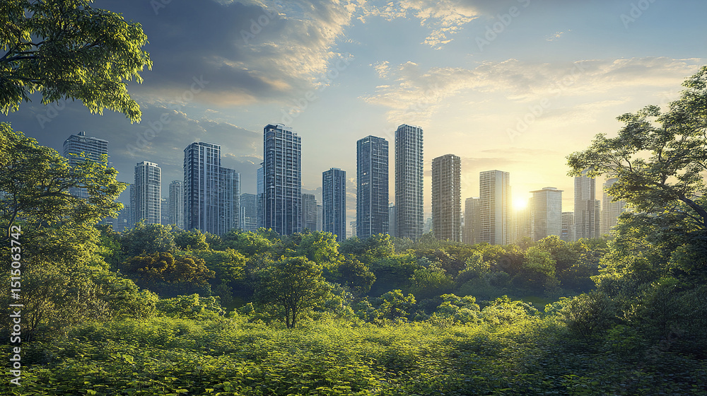 Obraz premium modern urban skyline surrounded by lush greenery, showcasing nature beauty
