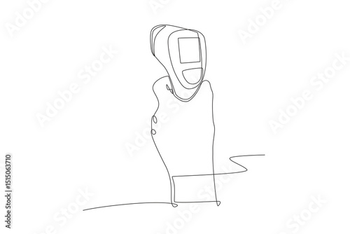 Hand holding electro thermometer. Medical technology concept one-line drawing