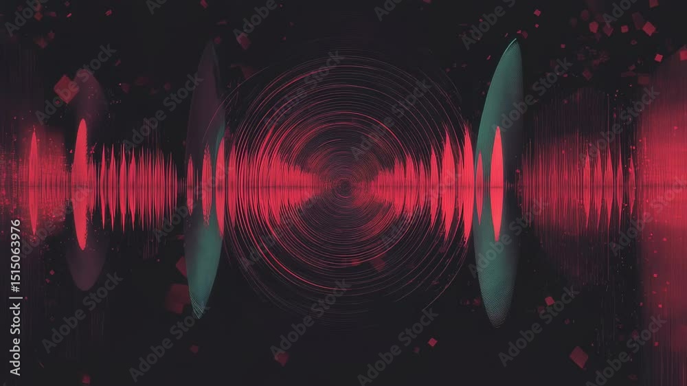 Dynamic audio wave visualization with pulsating light effects and circular patterns.