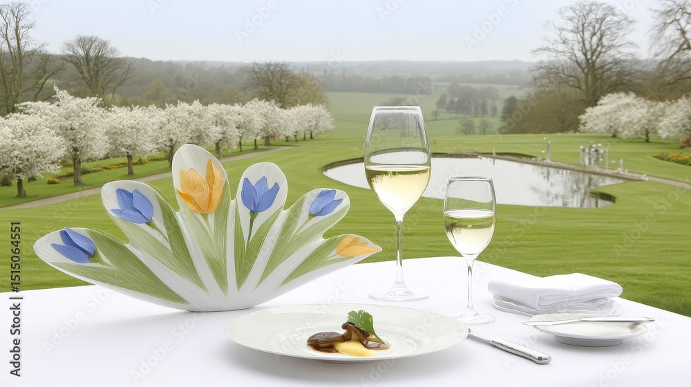 Fototapeta premium Elegant Table Setting with Gourmet Meal and Scenic Landscape in Springtime Blooming Garden