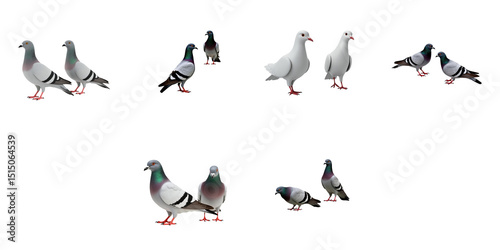 Variety of Illustrated Pigeons in Different Poses with Unique Color Patterns on a Transparent Background Ideal for Graphic Design and Creative Projects photo
