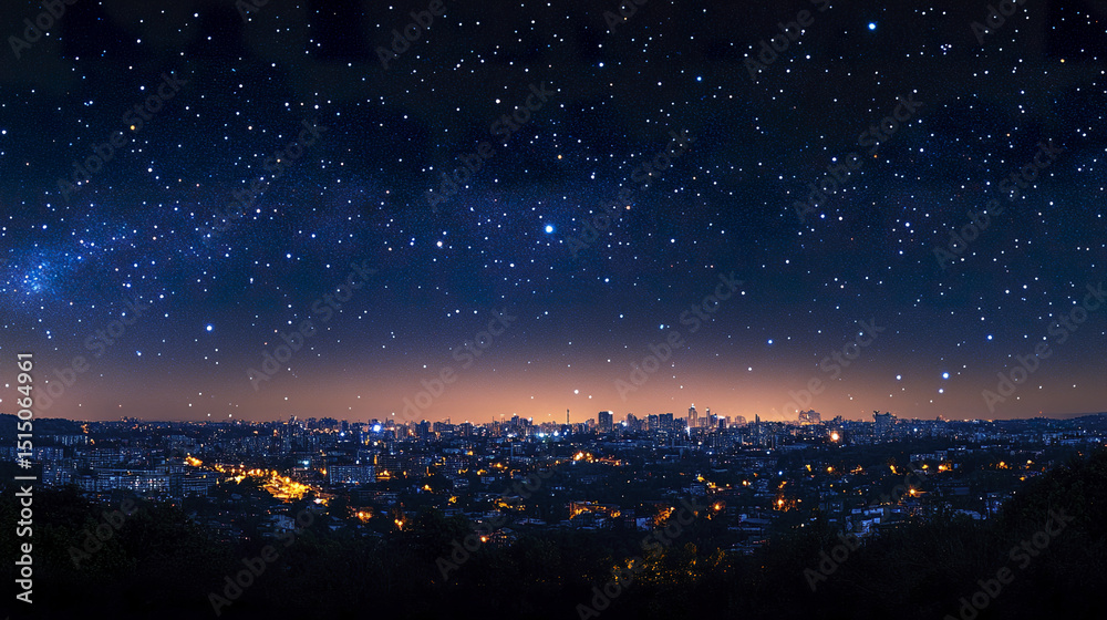 Naklejka premium stunning night cityscape with starry sky illuminating urban landscape
